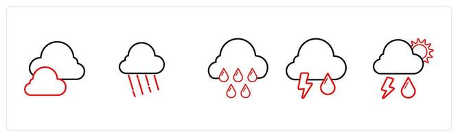 A set of 5 weather icons such as cloud, rainy cloud in red line color vector