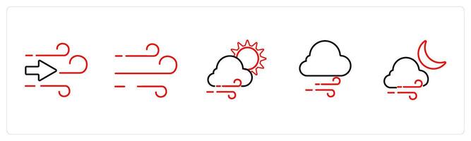 A set of 5 weather icons such as wind, air, windy day in red line color vector