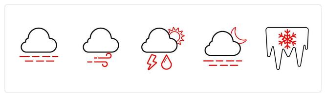 A set of 5 weather icons such as night, wind, storm in red line color vector