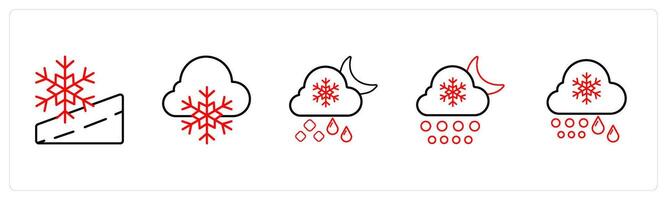 A set of 5 weather icons such as snow road, snow, snowfall in red line color vector