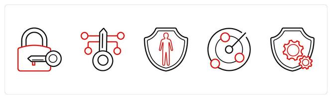 A set of 5 security icons such as lock key, key security, security in red line color vector