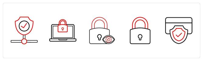 A set of 5 security icons such as firewall security, laptop security in red line color vector
