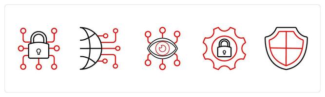 A set of 5 security icons such as data lock, data network in red line color vector