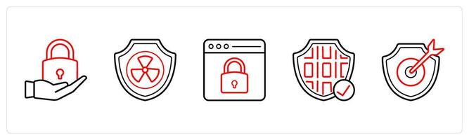 A set of 5 security icons such as privacy, nuclear protection in red line color vector