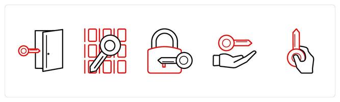 A set of 5 security icons such as door key, data, lock key in red line color vector