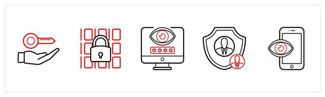 A set of 5 security icons such as access key, data security in red line color vector