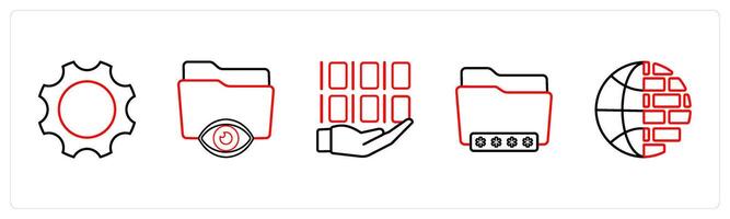 A set of 5 security icons such as gear, setting, configuration in red line color vector