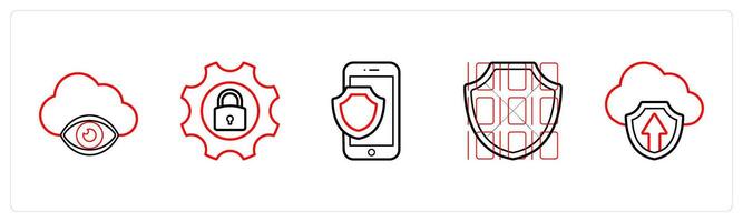 A set of 5 security icons such as cloud security, security settings in red line color vector