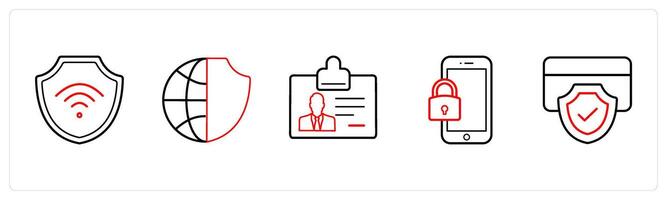A set of 5 security icons such as secured wifi, global security in red line color vector