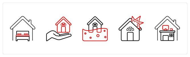 A set of 5 insurance icons such as property insurance, home insurance in red line color vector