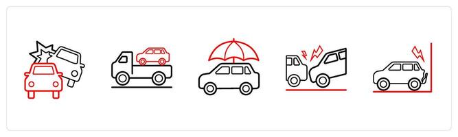 A set of 5 insurance icons such as car accidental, towing expenses in red line color vector