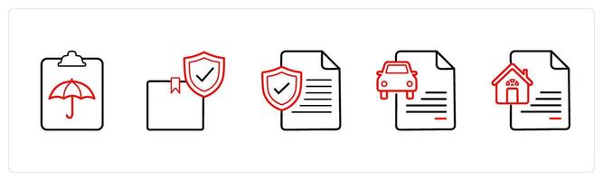 A set of 5 insurance icons such as insurance policy document, package insurance in red line color vector