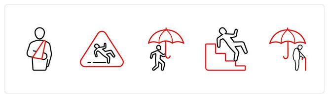 A set of 5 insurance icons such as insurance cover, accidental liability in red line color vector
