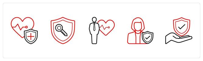 A set of 5 insurance icons such as health insurance, protection key in red line color vector