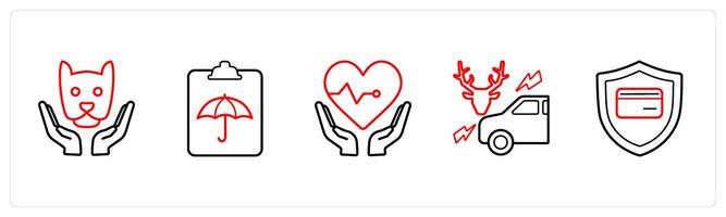 A set of 5 insurance icons such as animal insurance, insurance policy document in red line color vector