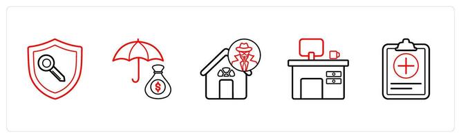 A set of 5 insurance icons such as protection key, investment insurance in red line color vector