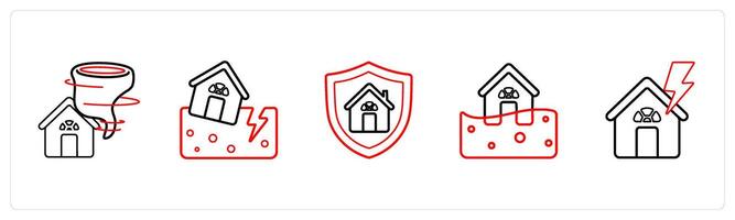 A set of 5 insurance icons such as tornado insurance, earthuqake damage in red line color vector