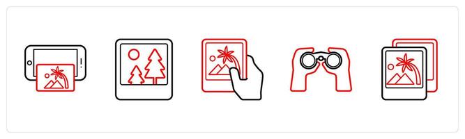 A set of 5 travel and vacation icons such as mobile gallery, photo, gallery in red line color vector