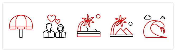 A set of 5 travel and vacation icons such as beach, romance, beach in red line color vector