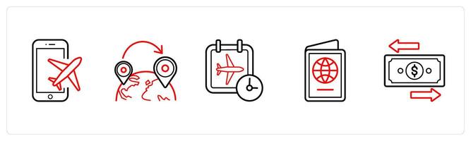 A set of 5 travel and vacation icons such as book flight, gps in red line color vector