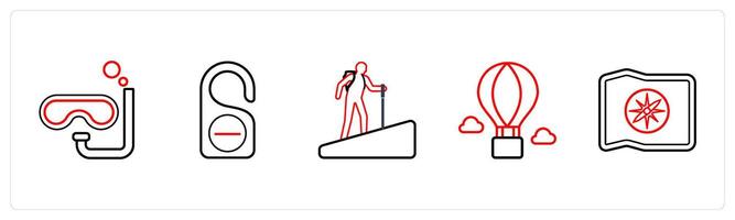 A set of 5 travel and vacation icons such as scuba, hotel lock, hiking in red line color vector