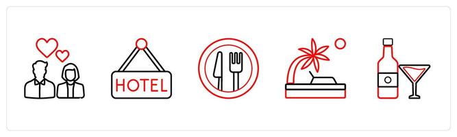 A set of 5 travel and vacation icons such as romance, hotel board in red line color vector