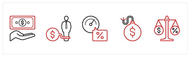 A set of 5 loan icons such as cash, debtor, rating in red line color vector