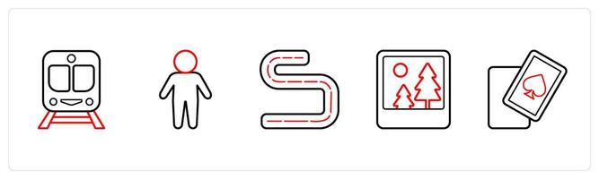 A set of 5 travel and vacation icons such as train, man, route, photo in red line color vector