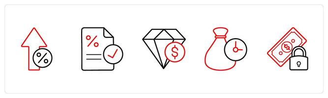 A set of 5 loan icons such as high interest rate, loan percent in red line color vector