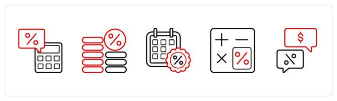 A set of 5 loan icons such as calculator, interest percent in red line color vector