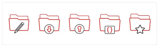 A set of 5 folder icons such as edit folder, download folder in red line color vector