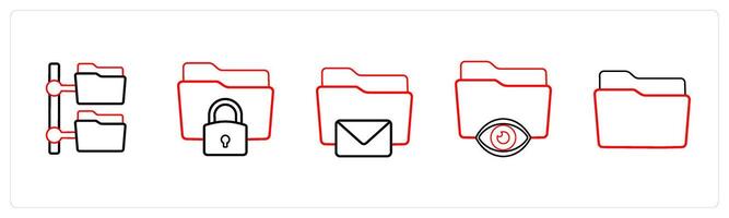 A set of 5 folder icons such as folder tree, secured folder in red line color vector