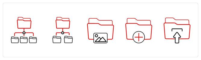A set of 5 folder icons such as subfolder, image folder in red line color vector