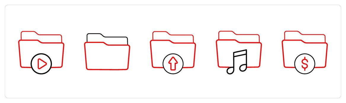 A set of 5 folder icons such as folder, folder in red line color vector