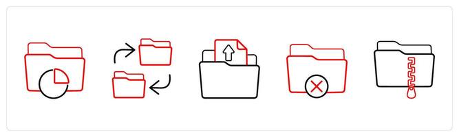 A set of 5 folder icons such as data folder, backup folder in red line color vector