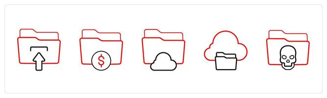 A set of 5 folder icons such as folder upload, finance folder in red line color vector