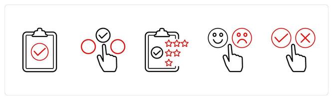 A set of 5 survey and ratings icons such as checklist, choice, rating in red line color vector