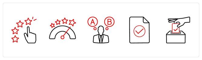 A set of 5 survey and ratings icons such as star rating, evaluation in red line color vector
