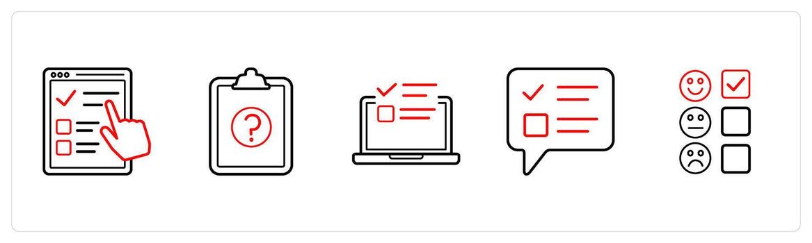 un conjunto de 5 5 encuesta y calificaciones íconos tal como en línea encuesta, encuesta en rojo línea color vector
