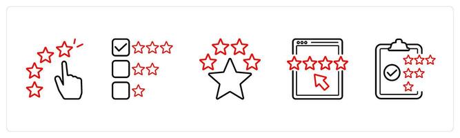 A set of 5 survey and ratings icons such as star rating, premium rating in red line color vector