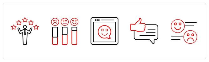 A set of 5 survey and ratings icons such as customer satisfaction, rating in red line color vector