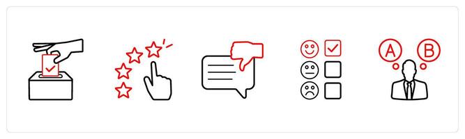 A set of 5 survey and ratings icons such as election, star rating in red line color vector