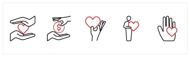 A set of 5 crowdfundind and donation icons such as donation, charity, donate in red line color vector
