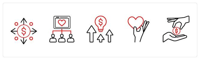 A set of 5 crowdfundind and donation icons such as money flow, donors, donators in red line color vector