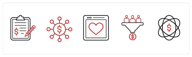 A set of 5 crowdfundind and donation icons such as contract agreement, fundraising network in red line color vector