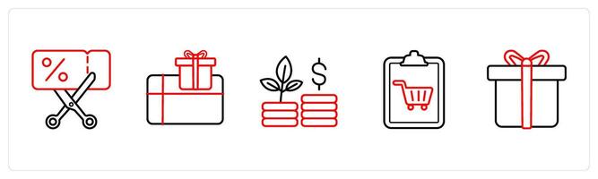 A set of 5 ecommerce and shopping icons such as coupon code, payment offer in red line color vector