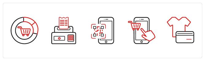 A set of 5 ecommerce and shopping icons such as shopping analysis, billing machine in red line color vector