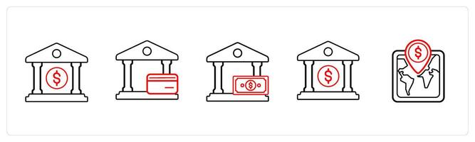 A set of 5 ecommerce and shopping icons such as finance bank, bank wallet in red line color vector
