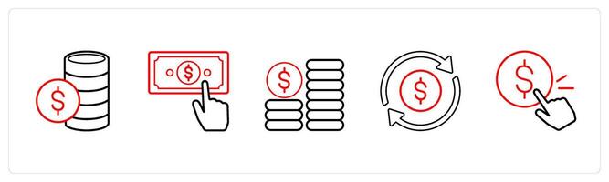A set of 5 ecommerce and shopping icons such as funds, currency, growth in red line color vector