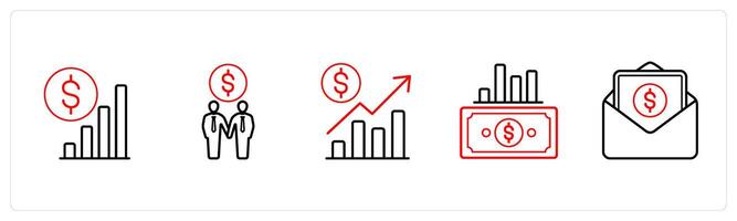 A set of 5 ecommerce and shopping icons such as growth analysis, partnership in red line color vector